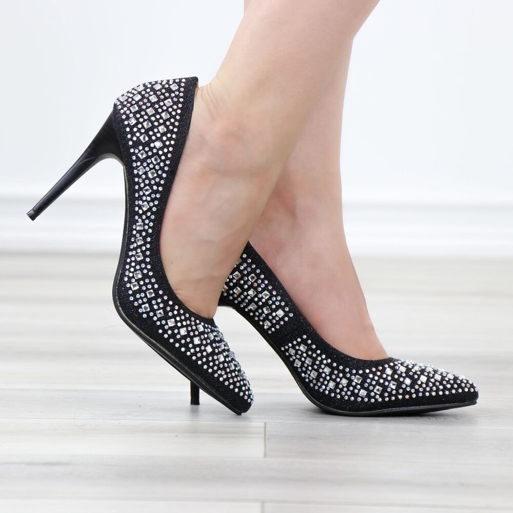 Black Rhinestone Heels Crystal Slip-On Pointed Toe Stilettos Pumps